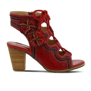 L'Artiste Spring Step Red Leather ALEJANDRA Lace Up Wedge Sandals Size 39 US 8.5
